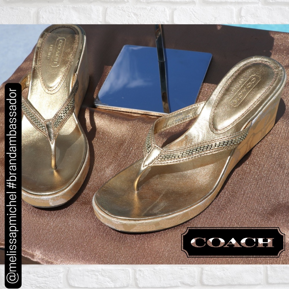 NWT Coach Vintage Women’s Lannie Leather Gold Metallic Cork Wedge Thong … - Picture 3 of 6